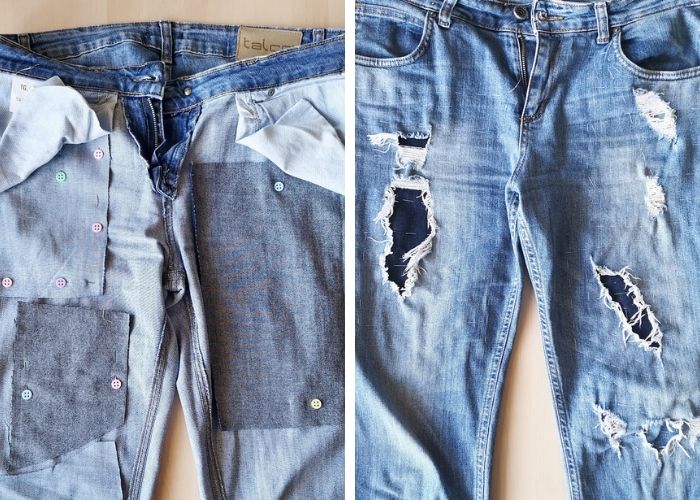 Come sistemare i jeans passo 2 appuntare le toppe
