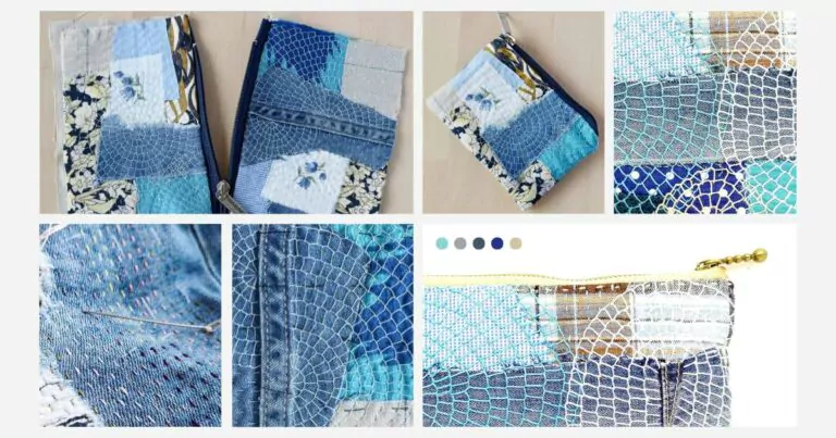 Astuccio con cerniera ricamato a mano da scampoli di tessuto