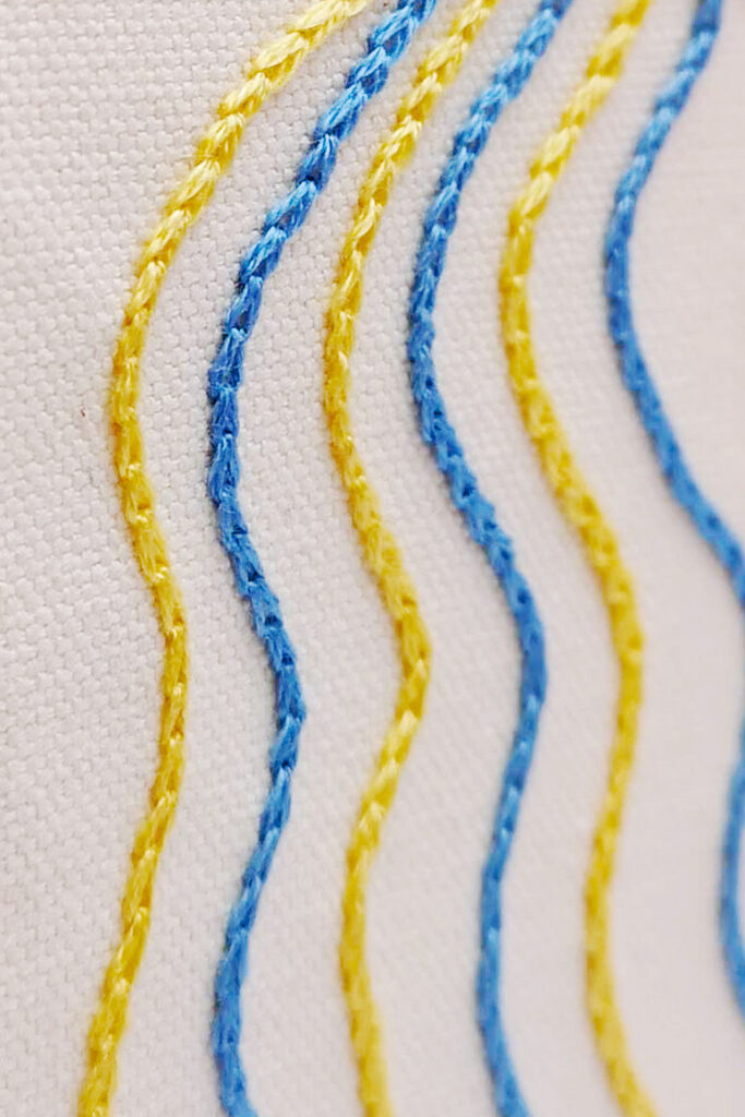 Ricamo a mano a punto catenella nei colori giallo e blu su tela bianca.